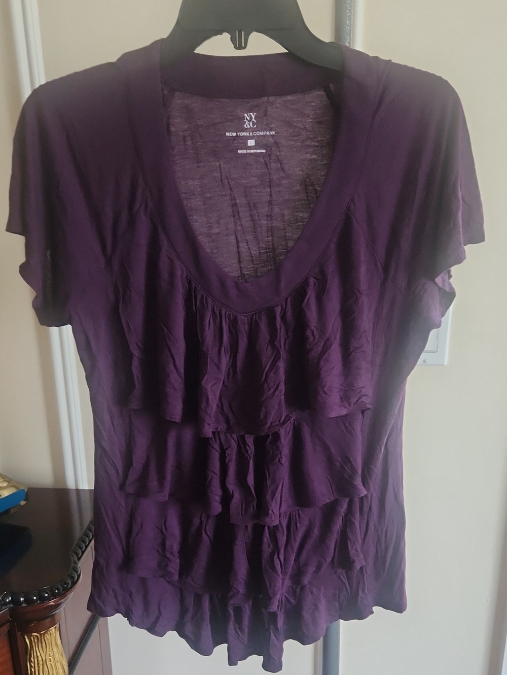 New York & Company Deep Plum Purple, Cascading Ruffle Top. V-neck Short-Sleeved